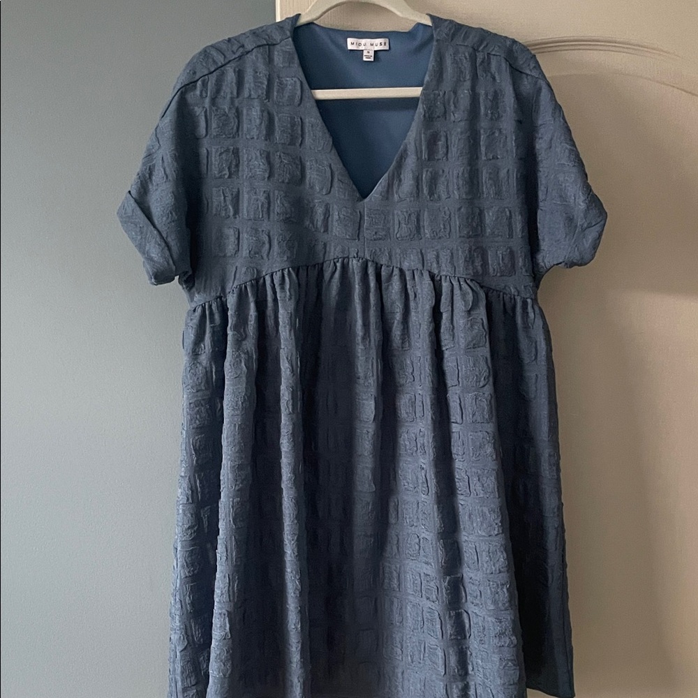 Blue Textured V-Neck Dress